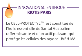 Le CELL-PROTECTYL est constitué de l'huile essentielle de Santal Australien raffermissante et d"un actif puissant qui protège les cellules des rayons UVB/UVA